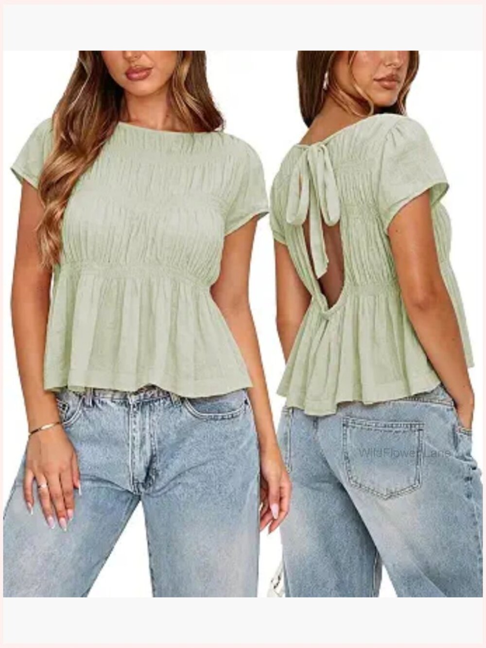 Babydoll Crop Top Ruffle Smocked Open Back Peplum Blouse Linen Blend